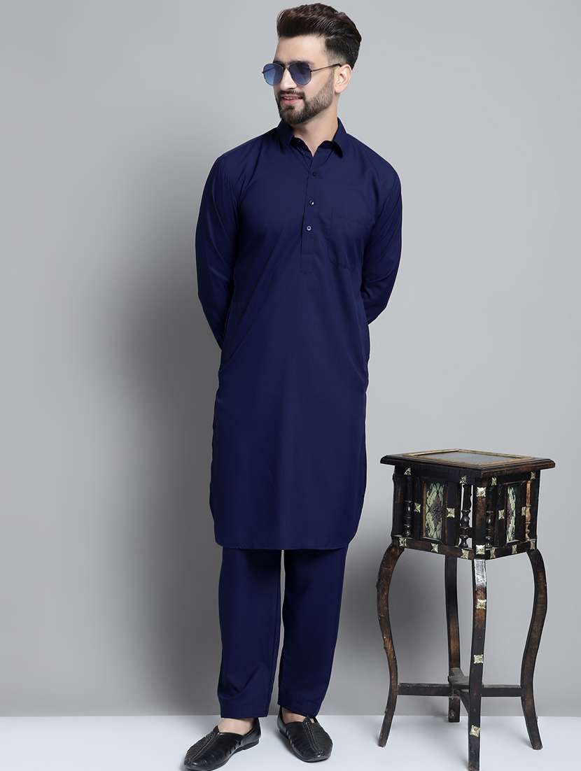 navy cotton blend pathani ethnic wear set