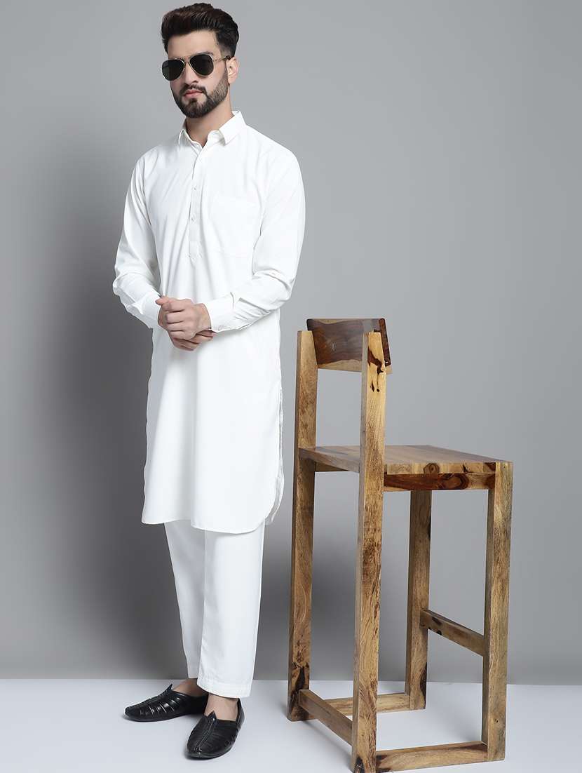 white cotton blend pathani ethnic wear set