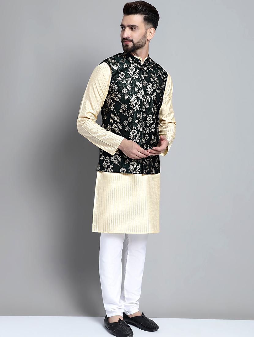 olive silk blend kurta pyjama with jacket ethnic wear set - 20002383 - Standard Image - 1