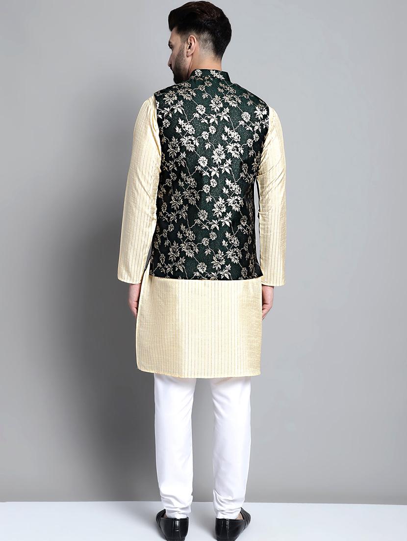 olive silk blend kurta pyjama with jacket ethnic wear set - 20002383 - Standard Image - 4