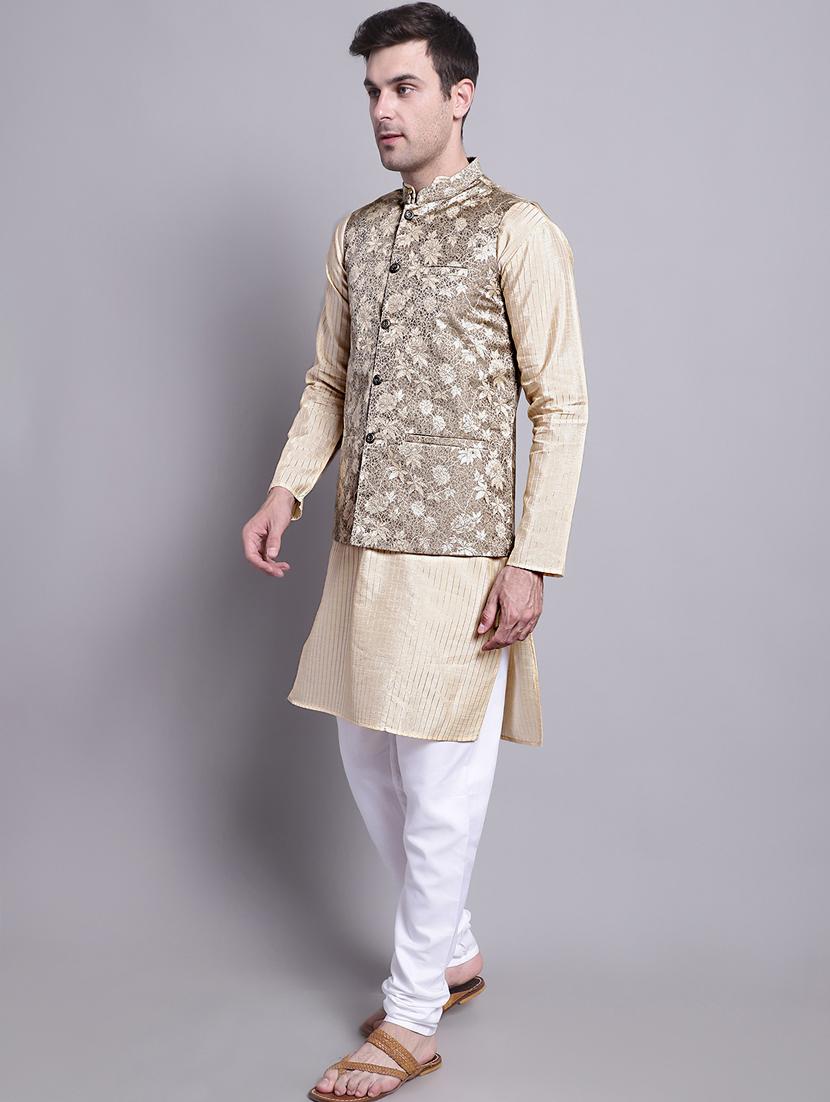 beige silk blend kurta pyjama with jacket ethnic wear set - 20002384 - Standard Image - 1