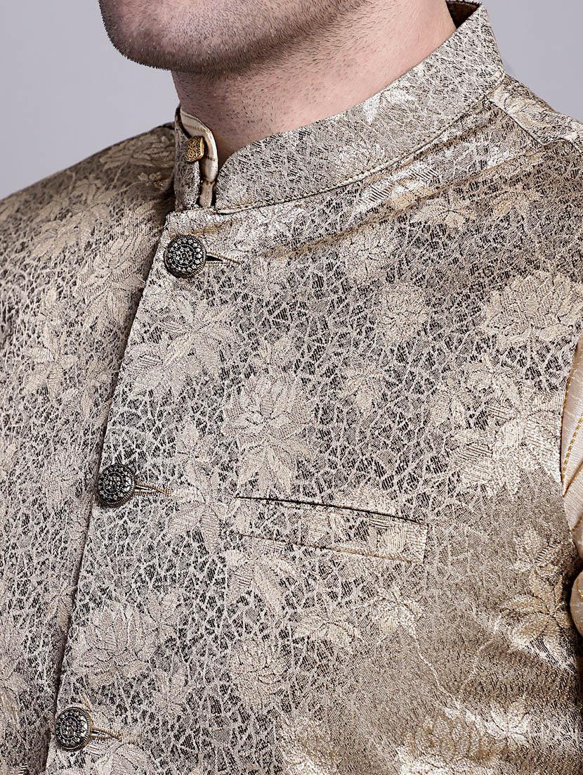 beige silk blend kurta pyjama with jacket ethnic wear set - 20002384 - Standard Image - 4