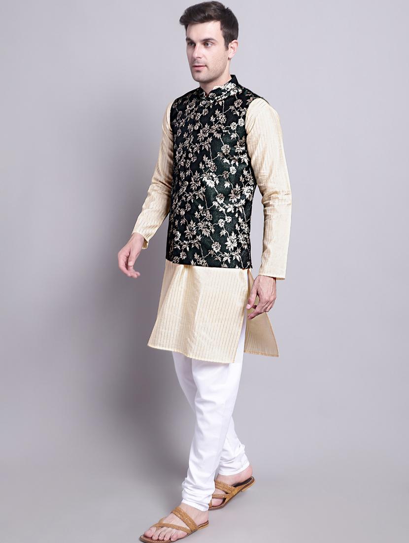 olive silk blend kurta pyjama with jacket ethnic wear set - 20002387 - Standard Image - 1