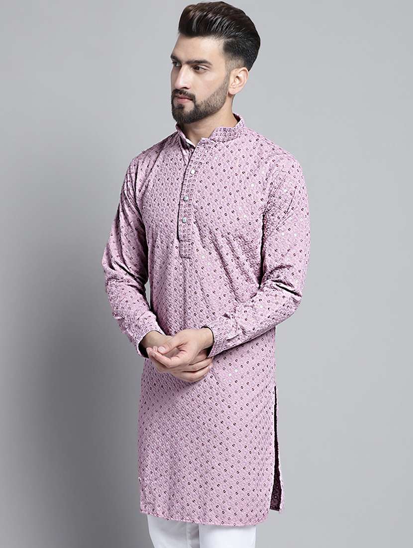 mandarin neck embroidered kurta pyjama set - 20002391 - Standard Image - 1