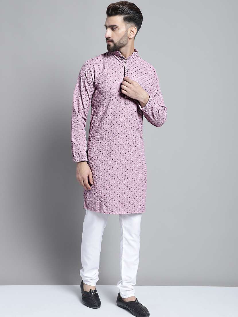 mandarin neck embroidered kurta pyjama set - 20002391 - Standard Image - 4
