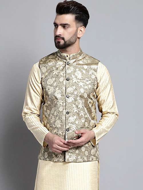 beige silk blend nehru jacket - 20002405 -  Standard Image - 0