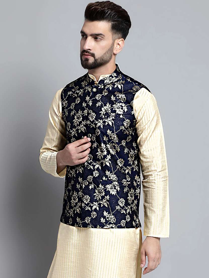 blue silk blend nehru jacket - 20002407 -  Standard Image - 1