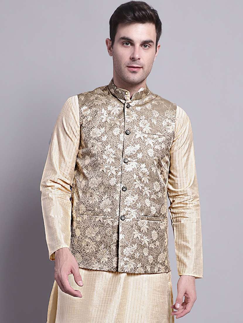 beige silk blend nehru jacket
