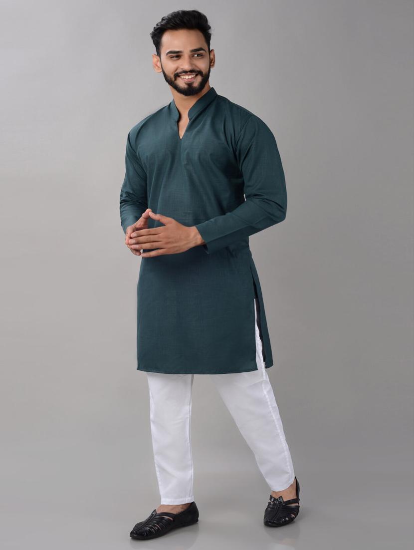 teal cotton blend pyjama kurta - 20004934 - Standard Image - 1