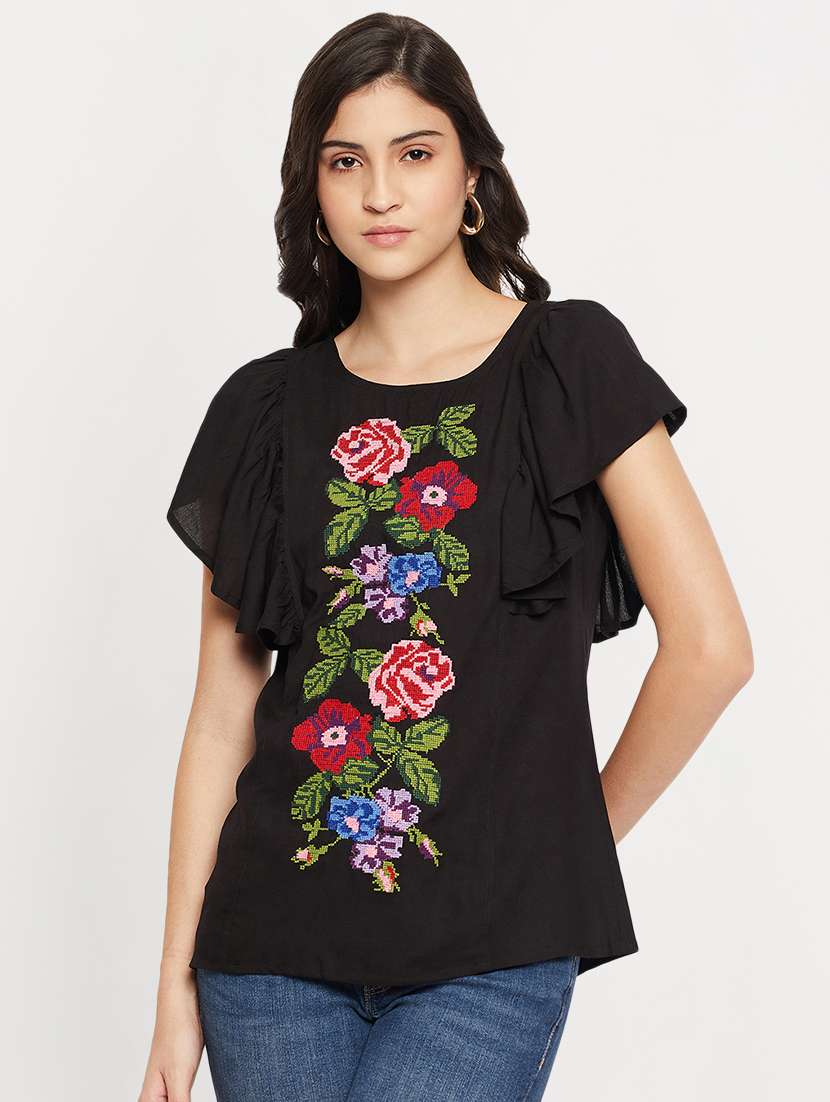 women's ruffle round neck top