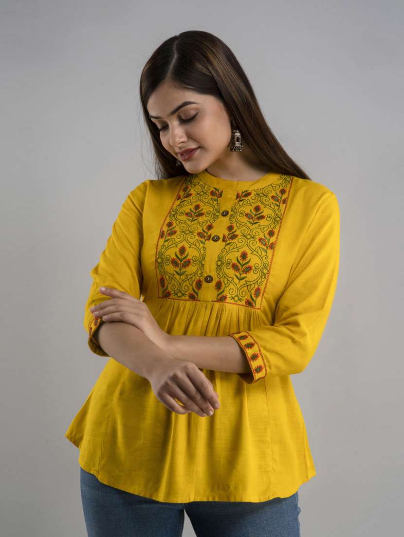 yellow embroidered regular top - 20005508 -  Standard Image - 1