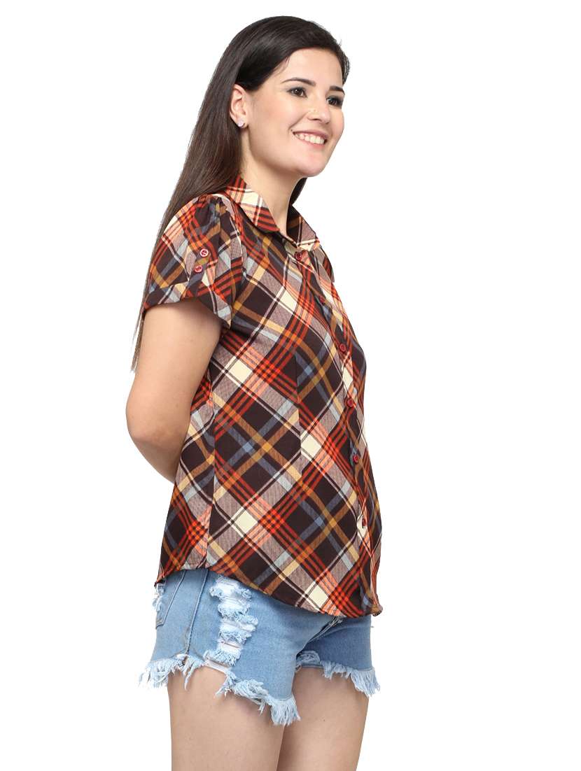 brown check print short sleeves regular shirt - 20007173 -  Standard Image - 1