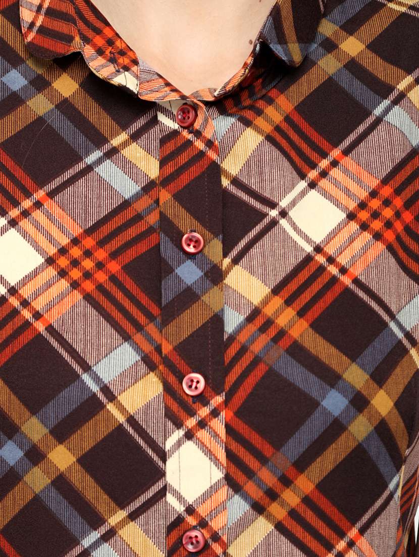 brown check print short sleeves regular shirt - 20007173 -  Standard Image - 4