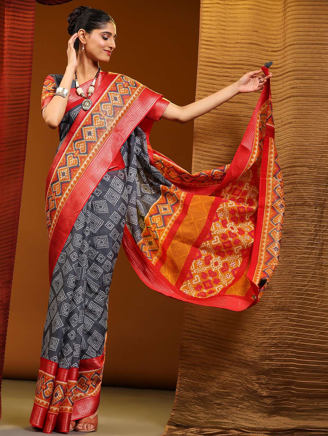 women's self design navy blue colored saree with blouse