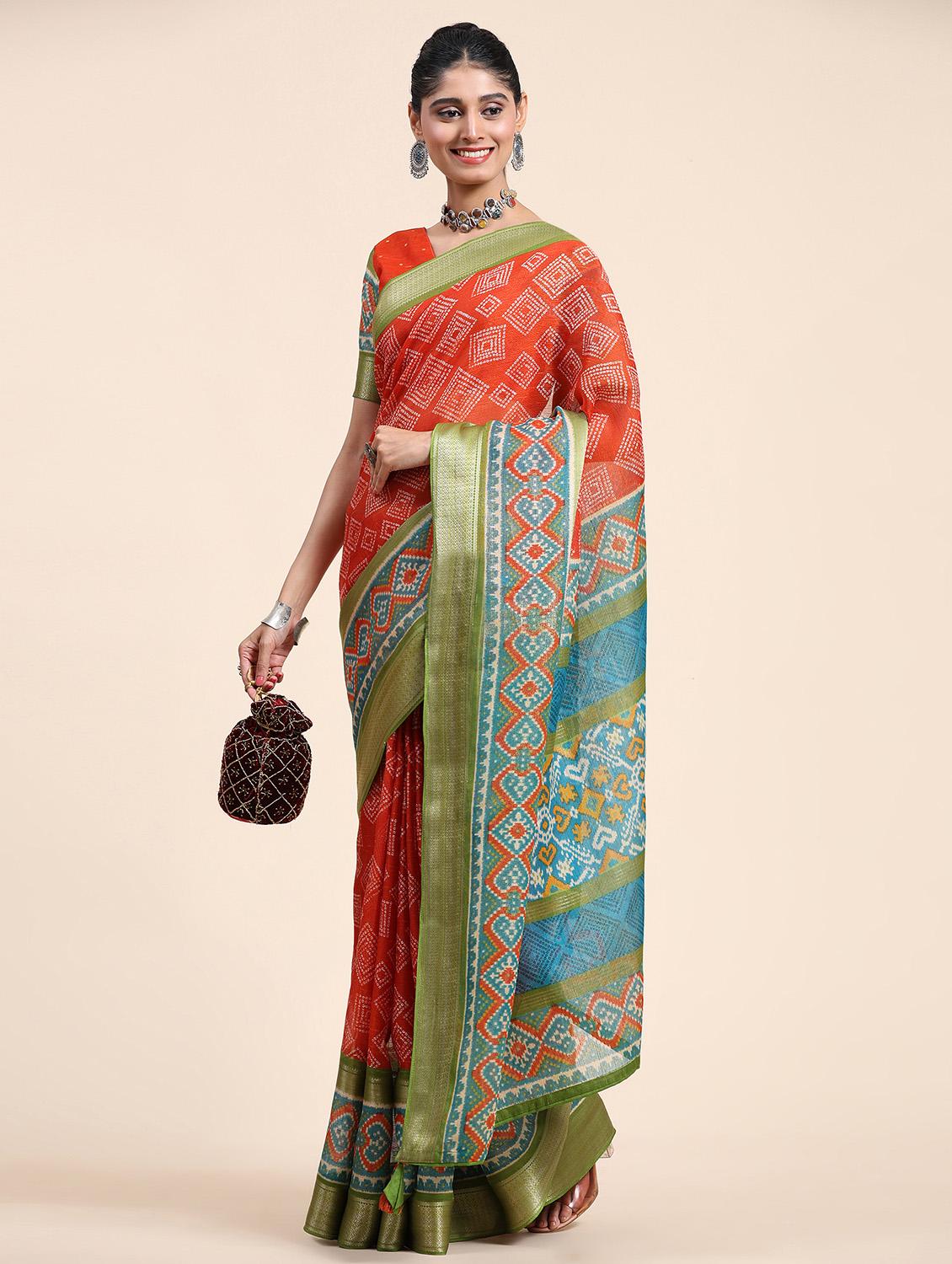 women's abstract red colored saree with blouse - 20007407 -  Standard Image - 1
