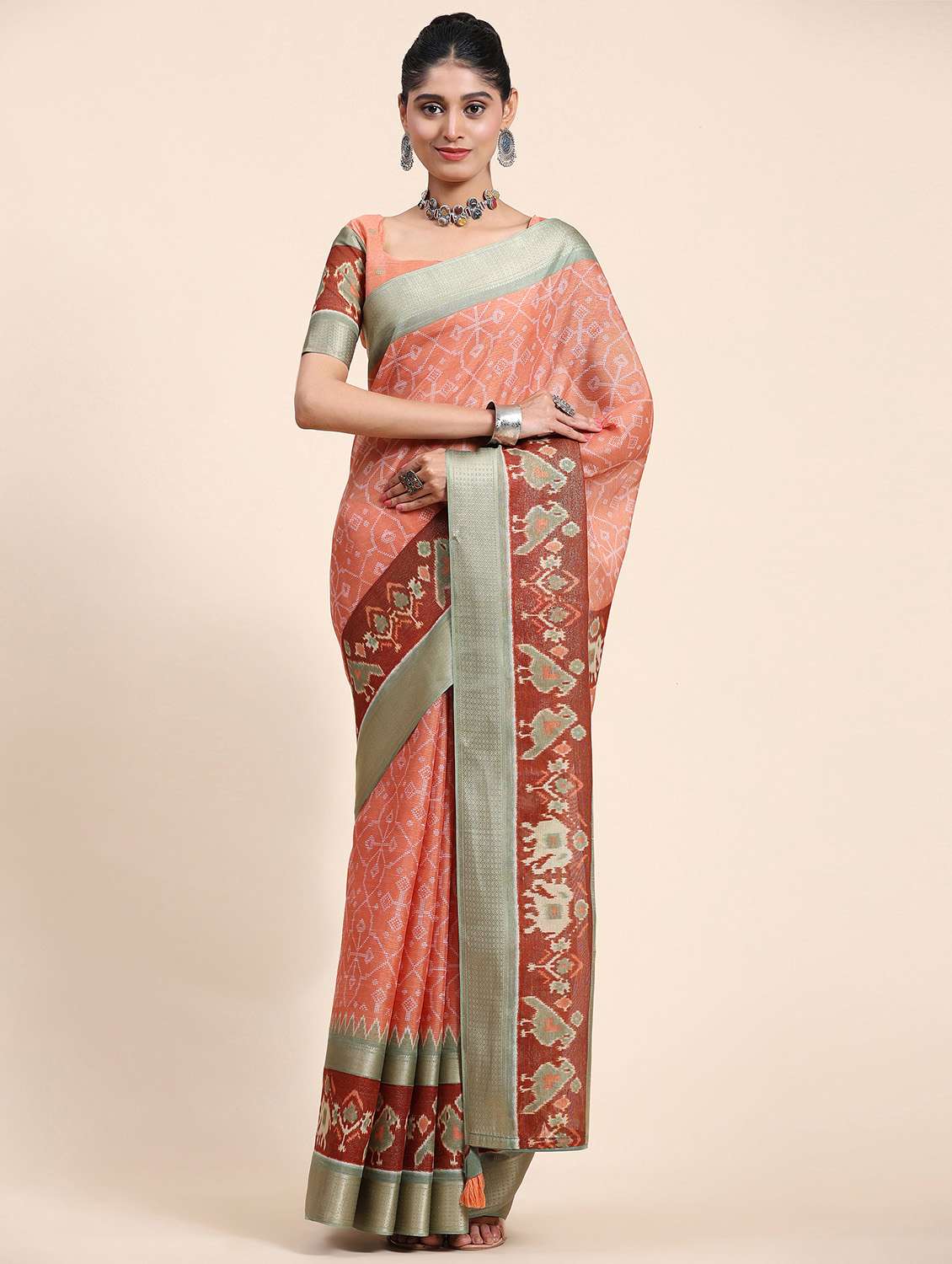 women's abstract peach colored saree with blouse - 20007408 -  Standard Image - 1