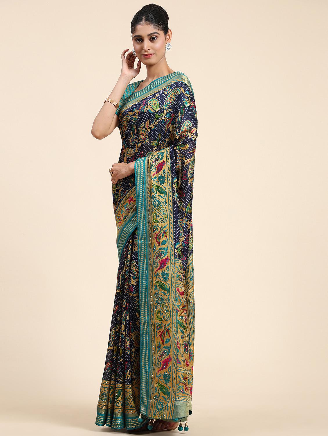 women's paisley navy blue colored saree with blouse - 20007473 -  Standard Image - 1
