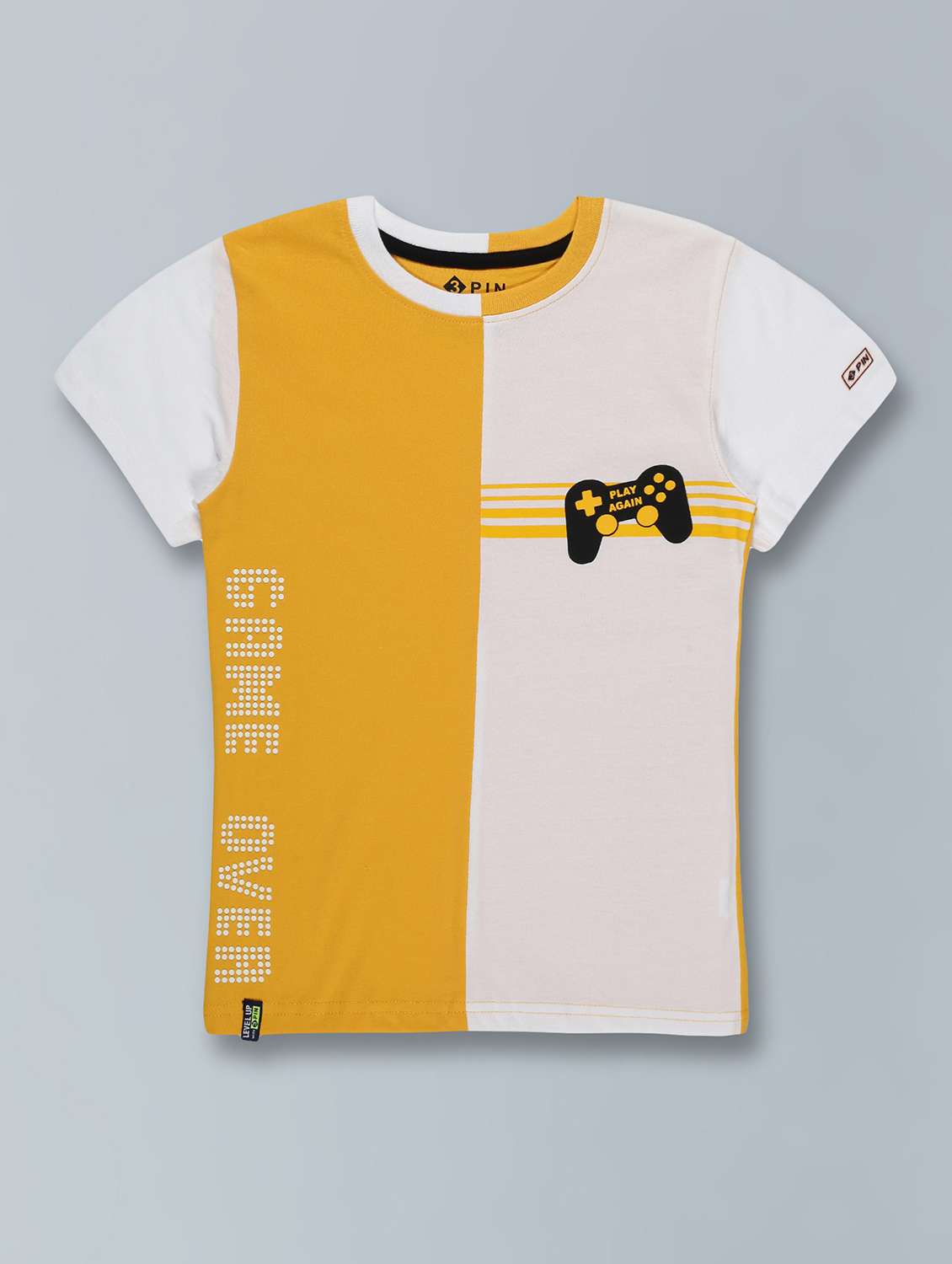 yellow & white color block round neck t-shirt  - 20007585 -  Standard Image - 1