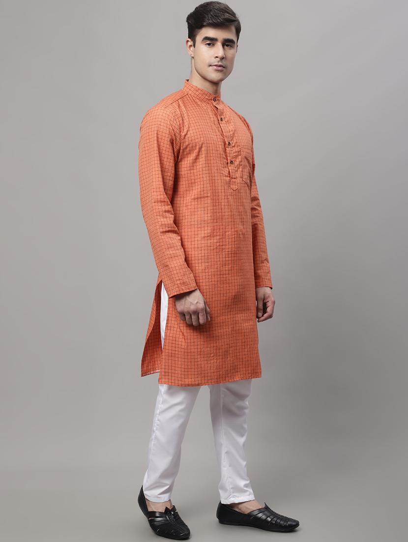 orange checkered printed long kurta - 20007593 - Standard Image - 1