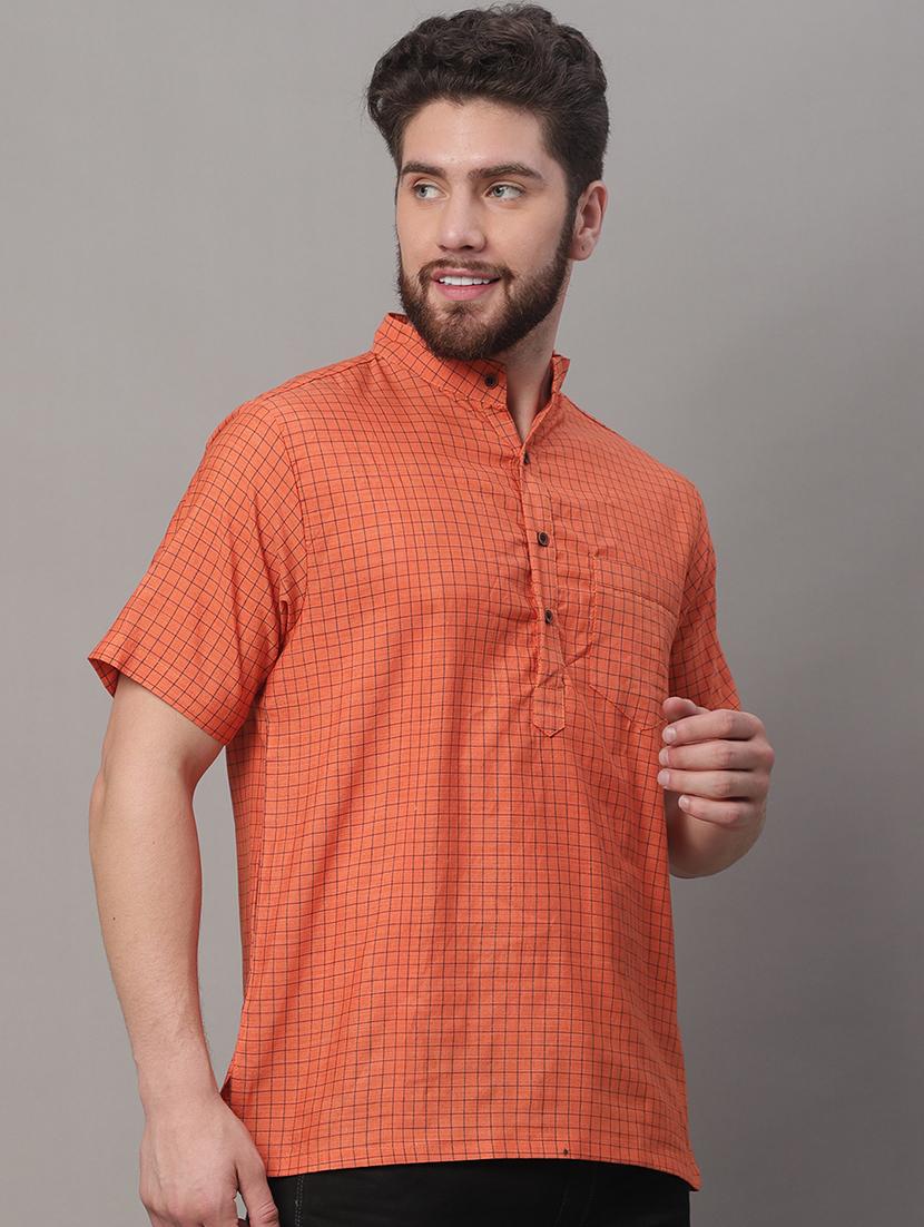 orange checkered printed short kurta - 20007594 - Standard Image - 1