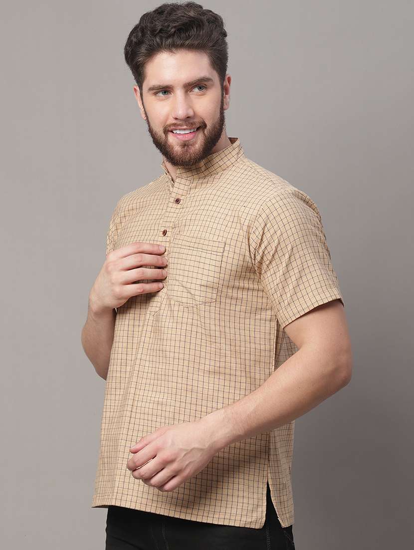 men beige checkered printed short kurta - 20007598 -  Standard Image - 1