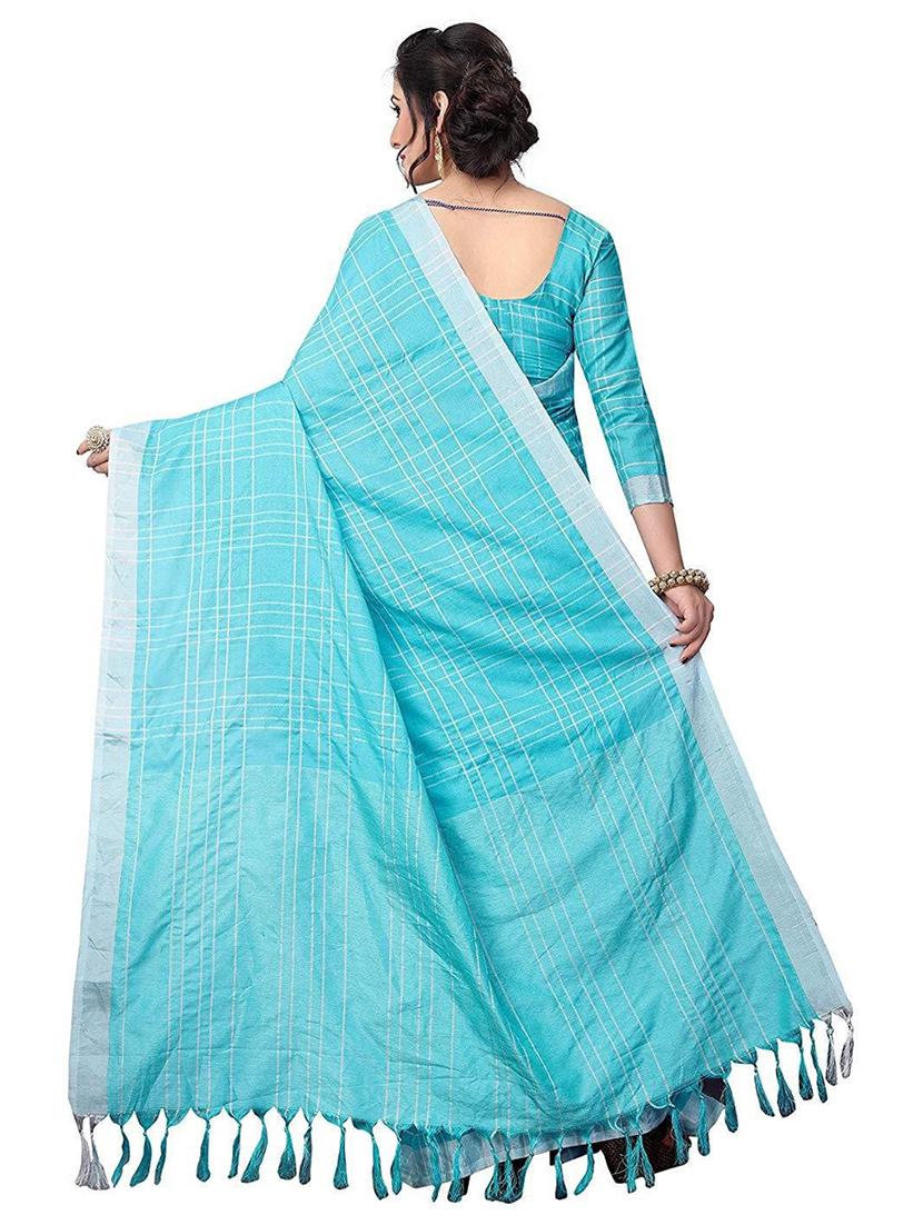 blue check print woven saree with blouse - 20008124 -  Standard Image - 1