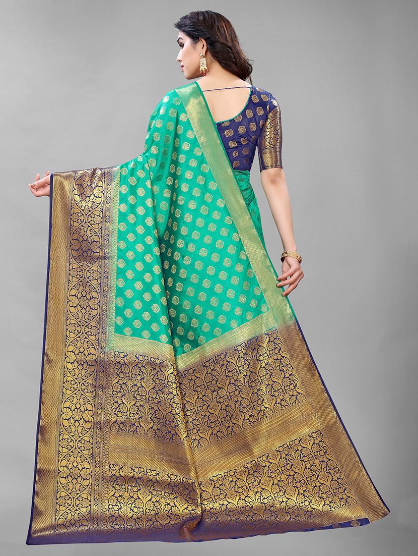 green self designed golden bordered kanjivaram saree with blouse - 20008149 -  Standard Image - 1