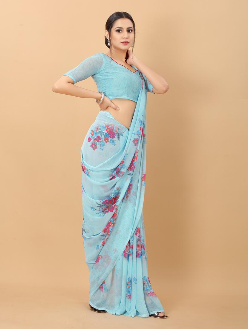 blue floral printed saree with blouse - 20008169 - Standard Image - 1