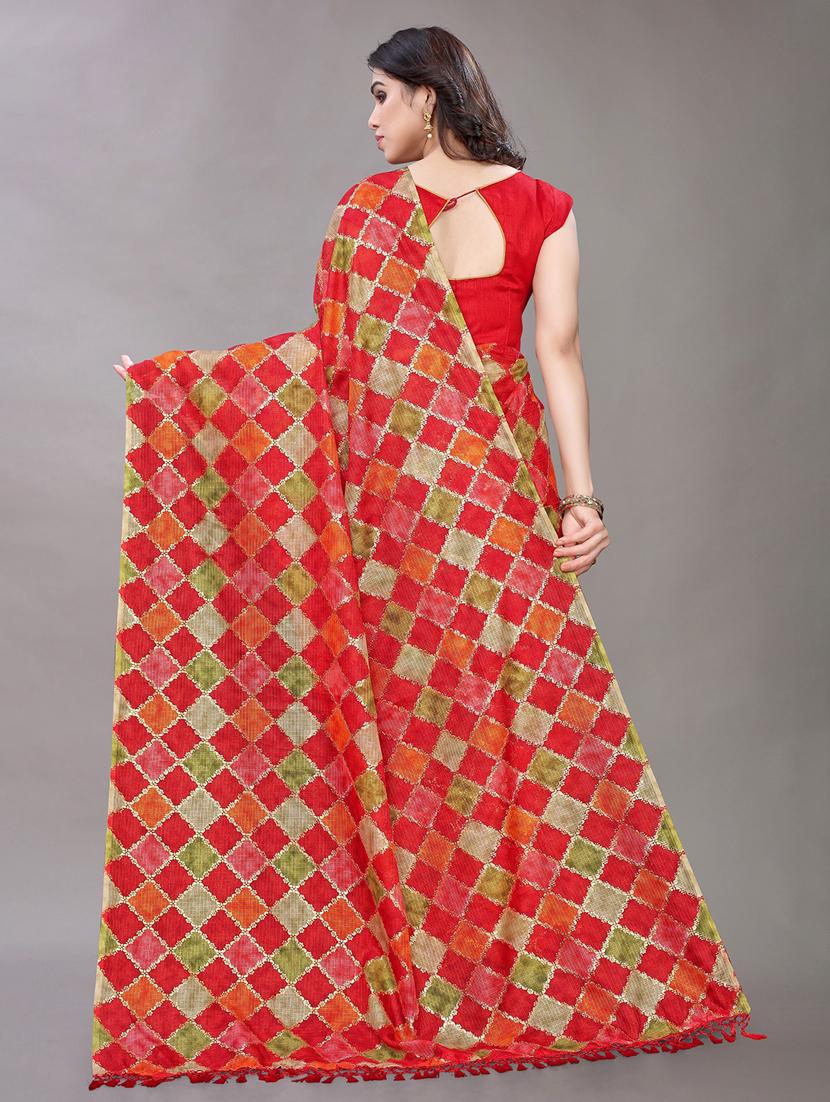 red cotton blend saree with blouse - 20008322 - Standard Image - 1