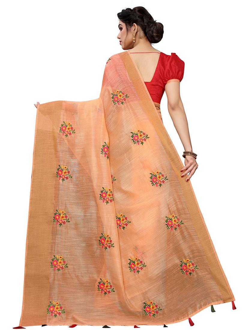 orange cotton blend saree with blouse - 20008346 - Standard Image - 1