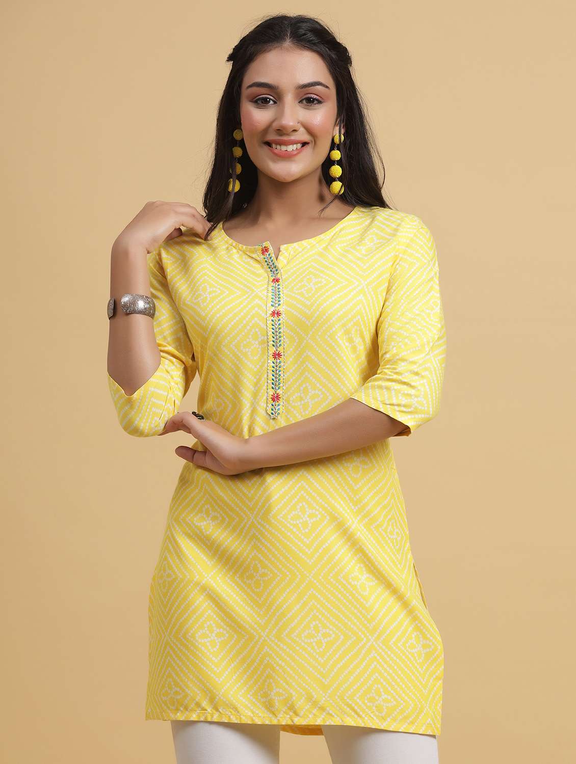 yellow solid notch neck straight kurti