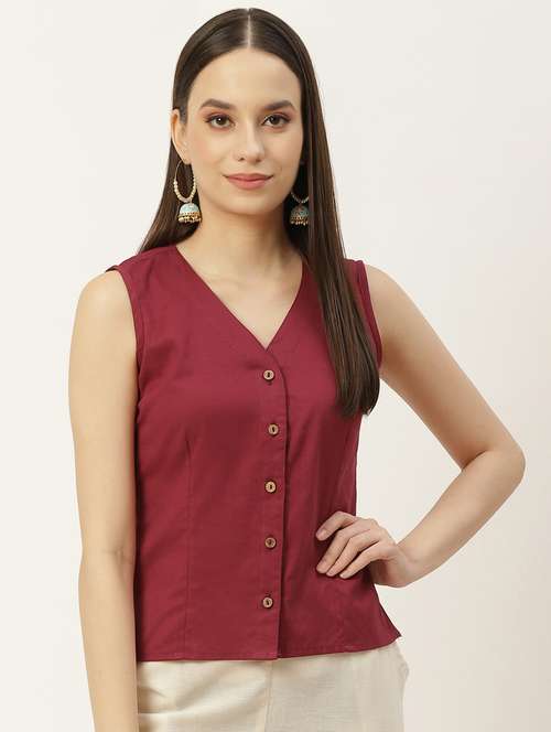 women maroon v-neck blouse - 20009545 -  Standard Image - 0