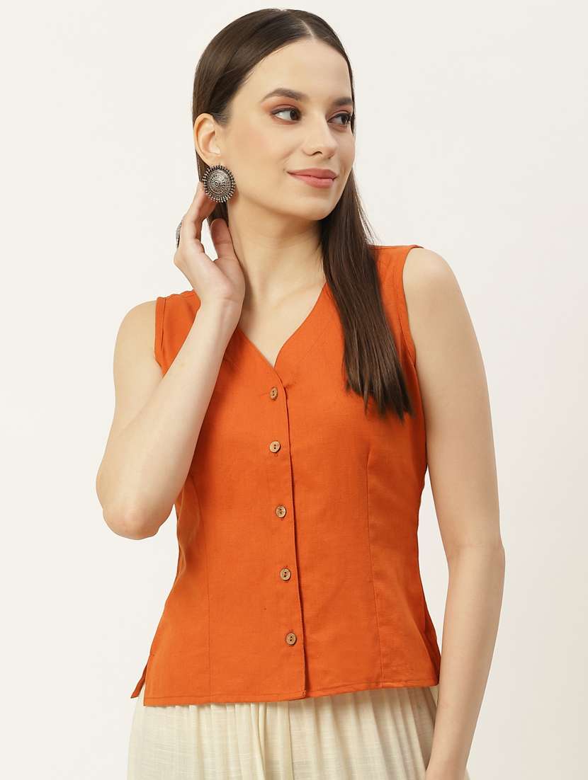 women orange v-neck blouse