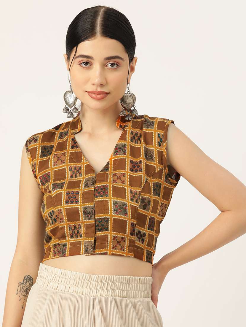 women brown v-neck blouse