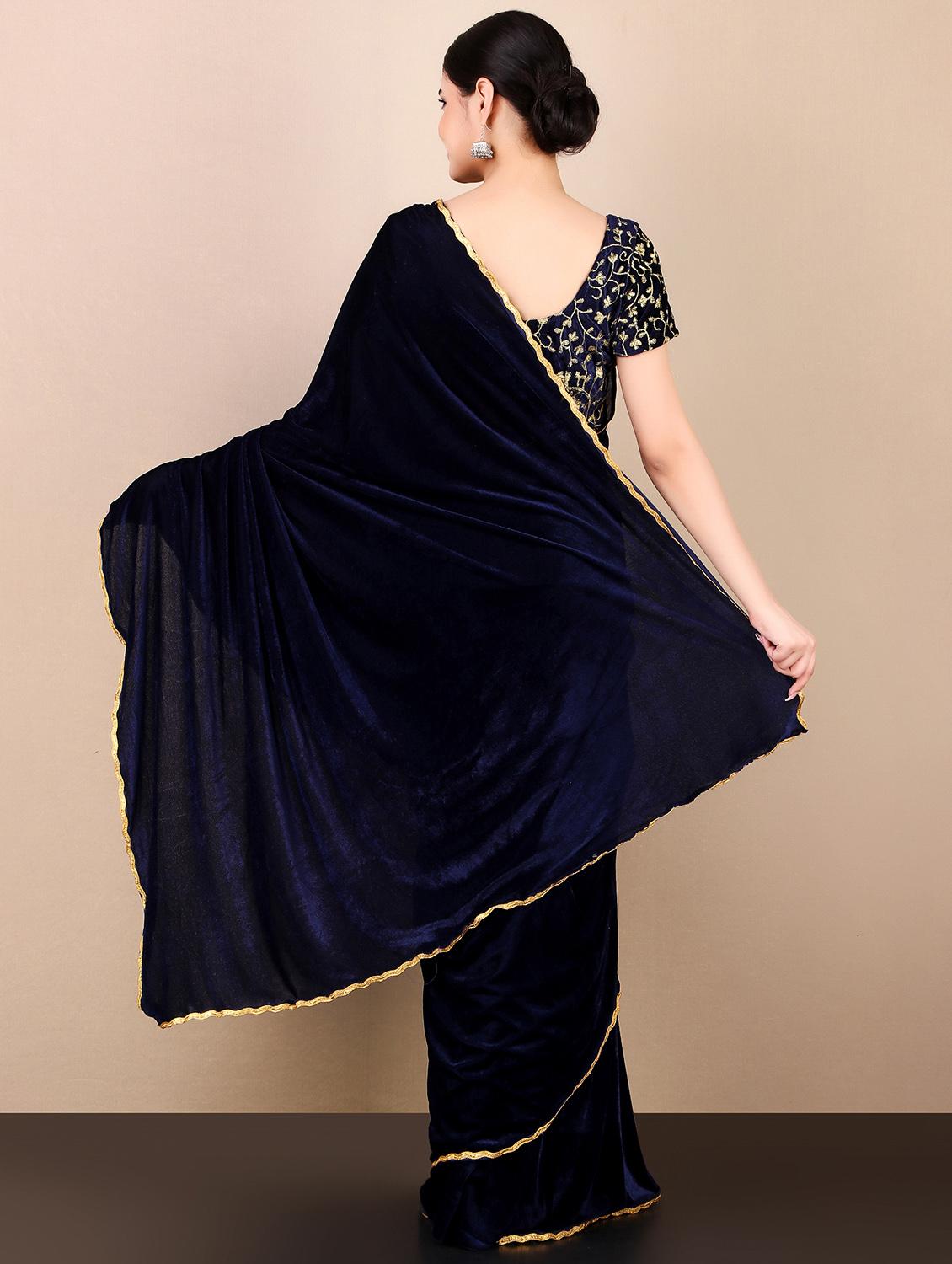 blue solid with borders plain saree with blouse - 20009692 -  Standard Image - 1