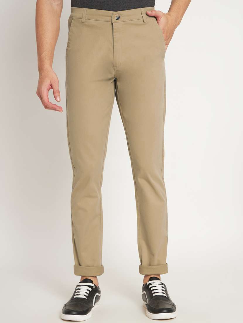 multi colored cotton flat front casual trousers