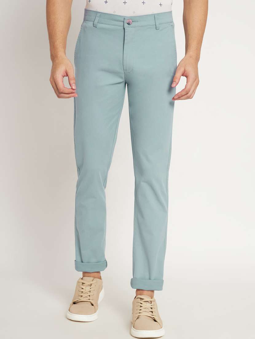 light blue cotton flat front casual trousers