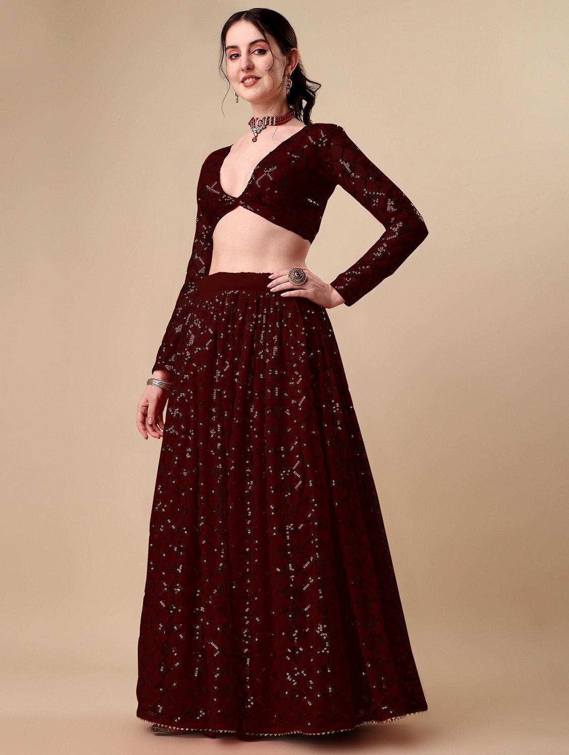 brown self design semi-stitched flared lehenga - 20009736 -  Standard Image - 1