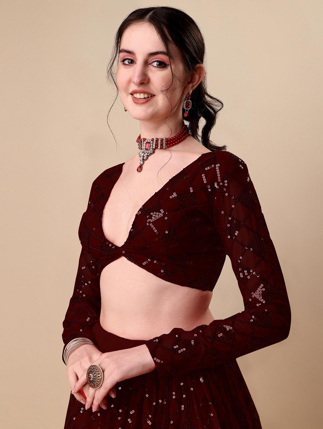 brown self design semi-stitched flared lehenga - 20009736 - Standard Image - 4