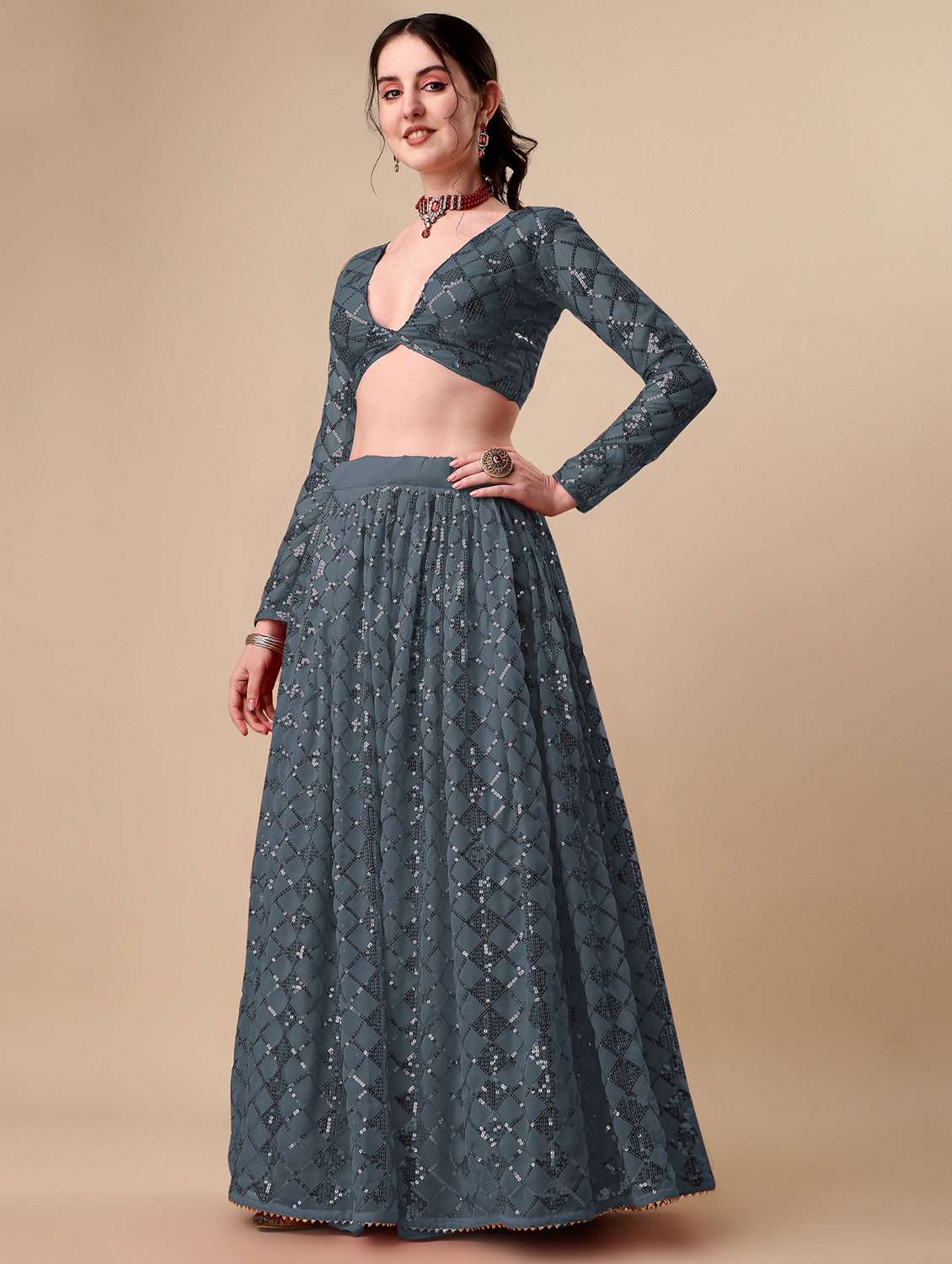 grey self design semi-stitched flared lehenga - 20009737 -  Standard Image - 1