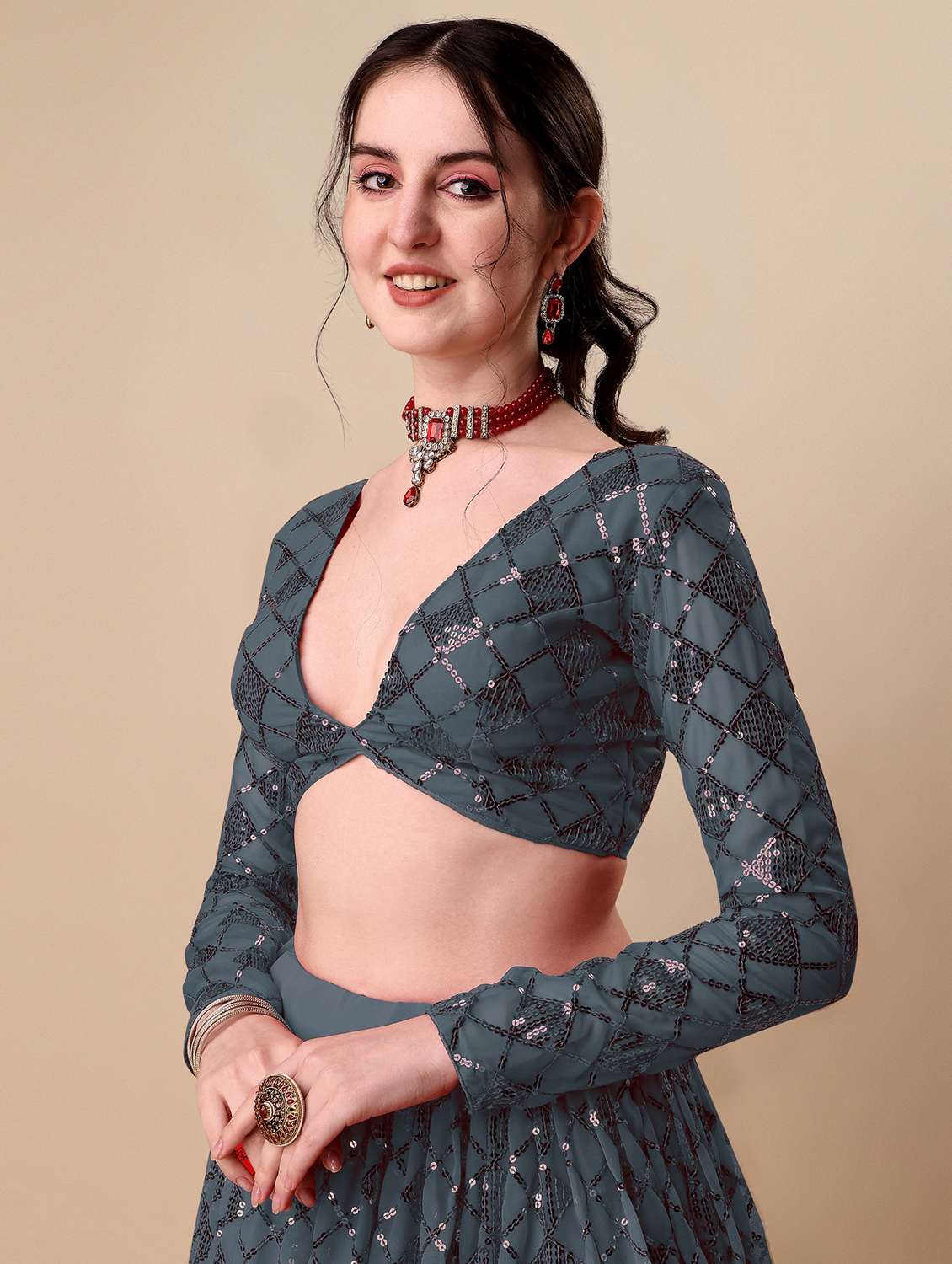 grey self design semi-stitched flared lehenga - 20009737 -  Standard Image - 4