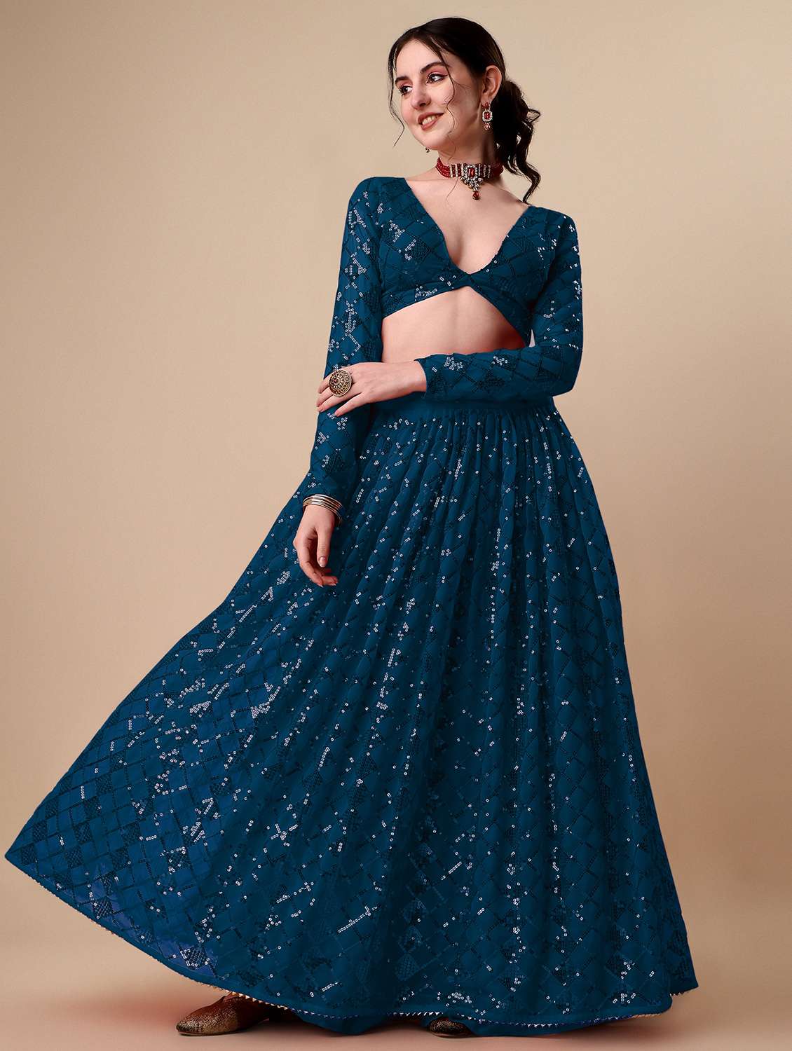 blue self design semi-stitched flared lehenga