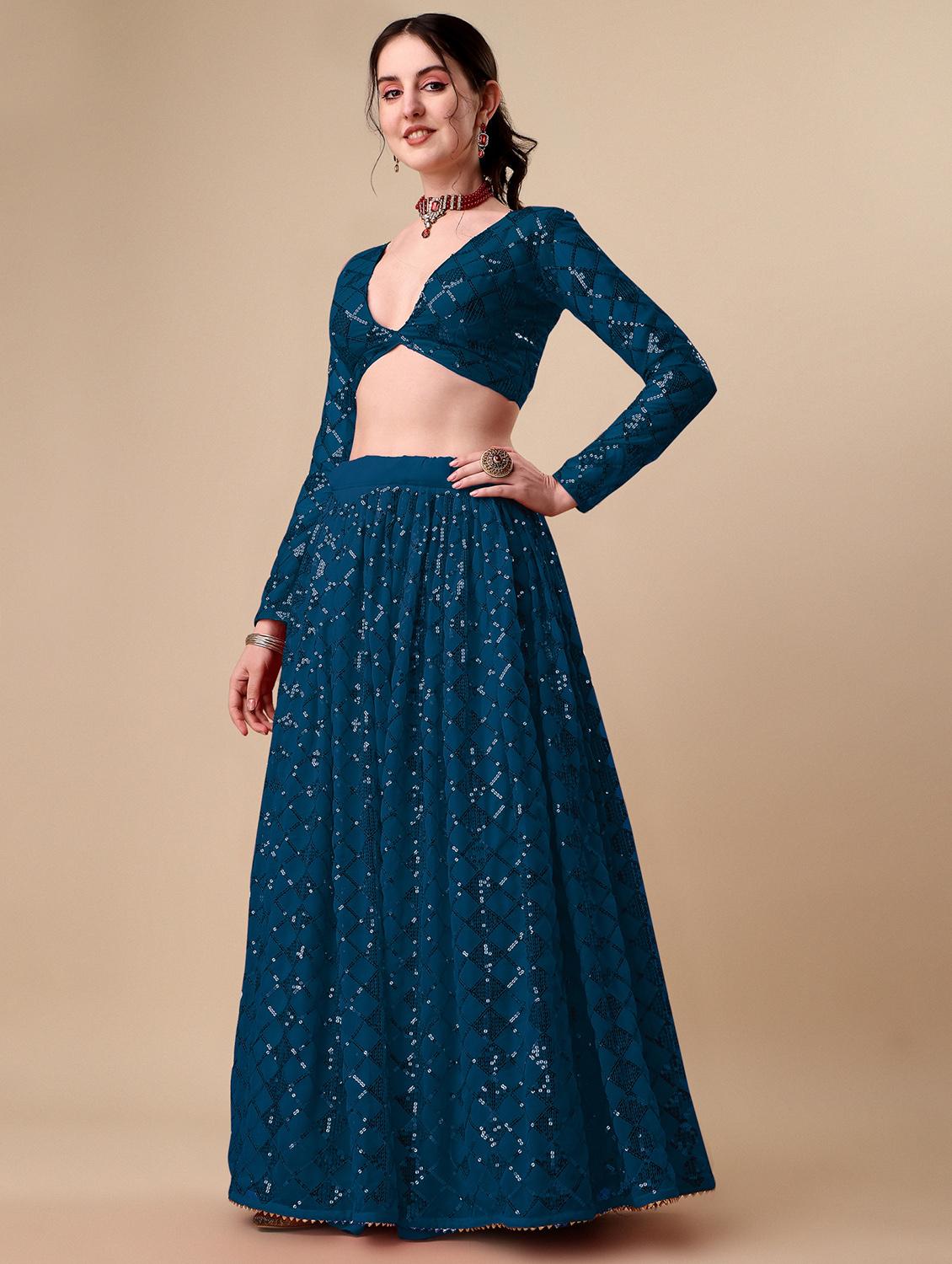 blue self design semi-stitched flared lehenga - 20009739 -  Standard Image - 1