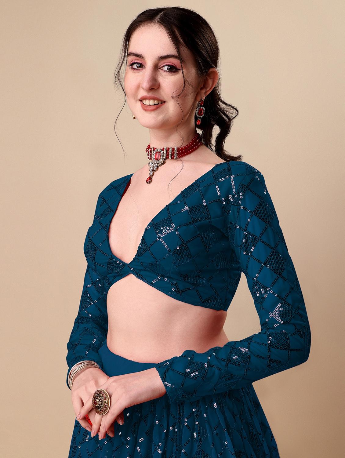 blue self design semi-stitched flared lehenga - 20009739 - Standard Image - 4