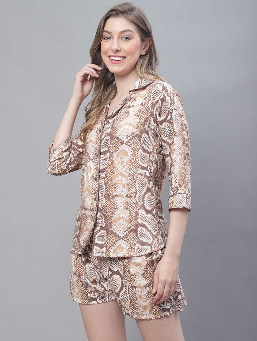 brown animal print three quater sleeves shorts set - 20010358 -  Standard Image - 1