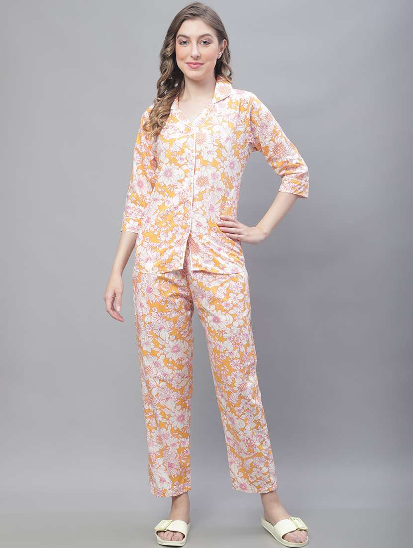 orange floral print three quater sleeves pyjama set  