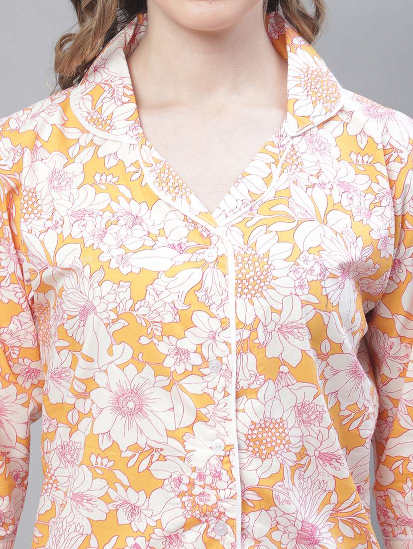 orange floral print three quater sleeves pyjama set   - 20010360 -  Standard Image - 4