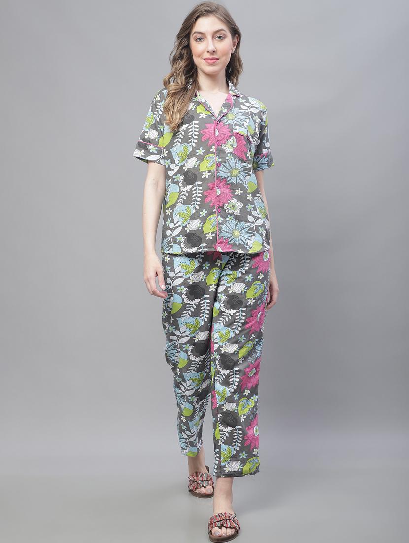 grey floral print short sleeves pyjama set 