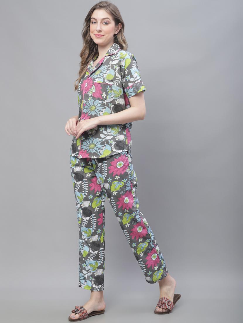 grey floral print short sleeves pyjama set - 20010361 - Standard Image - 1