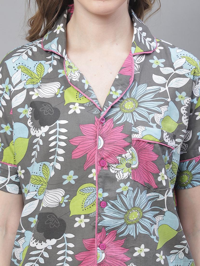 grey floral print short sleeves pyjama set - 20010361 - Standard Image - 4